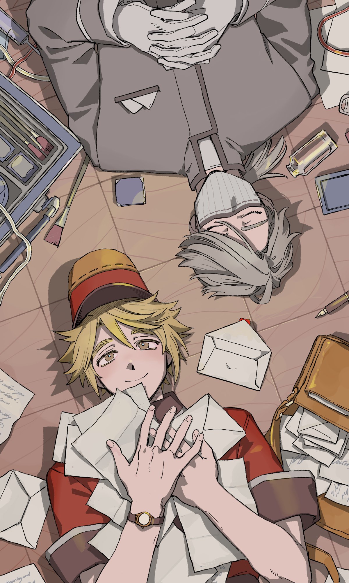 2boys aesop_carl blonde_hair bottle breast_pocket brown_eyes closed_eyes collared_jacket envelope gloves grey_hair grey_jacket hat highres holding holding_envelope holding_letter identity_v interlocked_fingers jacket letter long_sleeves low_ponytail lying mailbag male_focus mask medium_hair michiru_(amphibian) mouth_mask multiple_boys on_back pen pocket ponytail short_hair short_sleeves sleeve_cuffs smile syringe tube upper_body victor_grantz watch white_gloves wristwatch