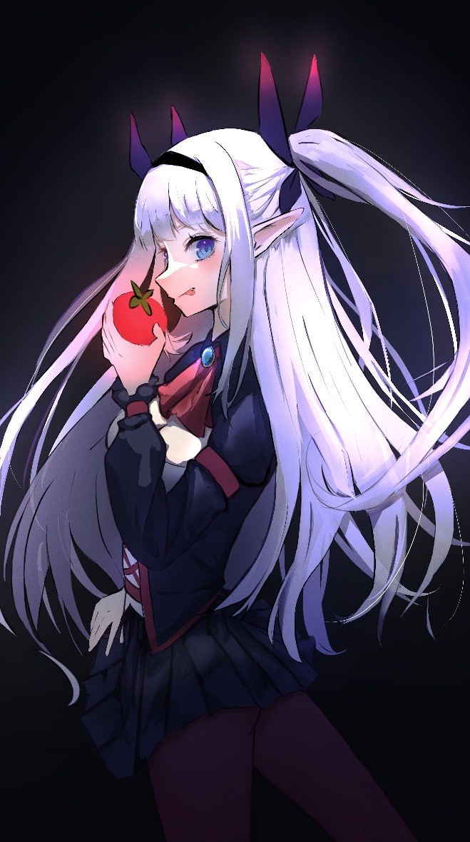 1girl ascot black_background black_thighhighs blue_jacket blue_skirt breasts fang feet_out_of_frame food from_side fruit holding holding_food holding_fruit isekai_nonbiri_nouka jacket large_breasts licking_lips light_blush long_hair looking_at_viewer pleated_skirt pointy_ears ponytail red_ascot rurushi_ru sashal simple_background skirt solo thighhighs tomato tongue tongue_out vampire very_long_hair white_hair