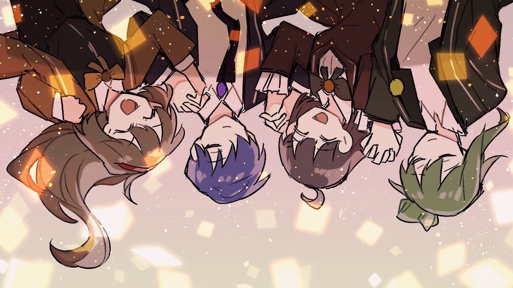 2boys 2girls :d ahoge black_jacket brown_hair brown_jacket closed_eyes green_hair green_jacket hair_bun hair_over_one_eye hairband hod_(project_moon) holding_hands jacket library_of_ruina malkuth_(project_moon) multiple_boys multiple_girls nakame77 netzach_(project_moon) open_mouth project_moon purple_hair single_hair_bun smile yesod_(project_moon)