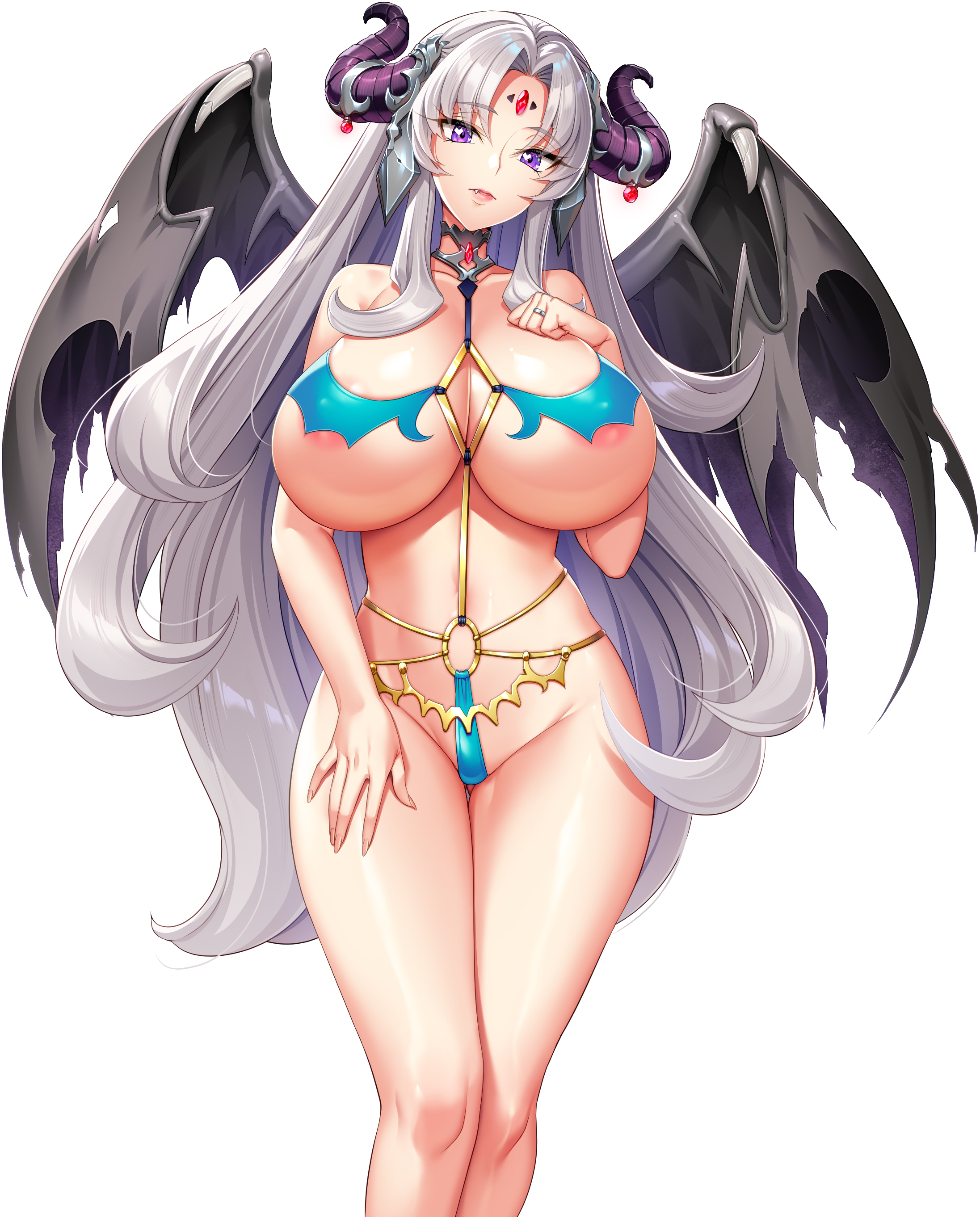 1girl absurdres akagi_rio areola_slip bikini black_horns blue_bikini bone_armor breasts cleavage closed_mouth collar covered_erect_nipples covered_navel dragon_girl dragon_horns fafnira_dracour fang forehead_jewel game_cg grey_hair hand_on_own_chest hand_on_own_thigh highres horn_ornament horns huge_breasts jewelry long_hair long_sidelocks looking_at_viewer metal_collar micro_bikini milk_factory motto!_haramase!_honoo_no_oppai_isekai_oppai_maid_gakuen! nipples non-web_source o-ring o-ring_bikini official_art purple_eyes ring sidelocks solo swimsuit transparent_background wedding_ring