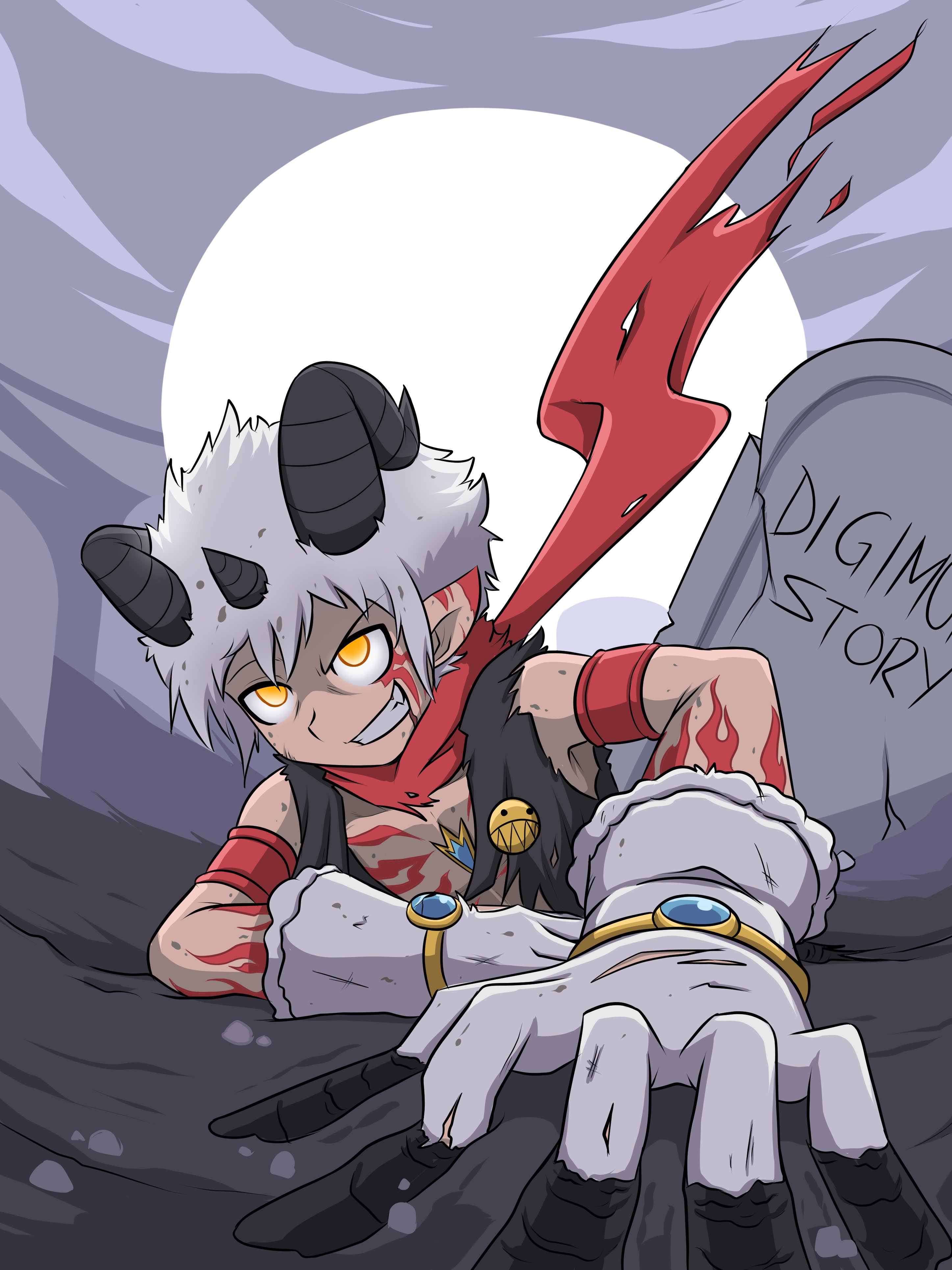 1boy absurdres aegiomon black_vest body_markings commentary digimon digimon_(creature) english_commentary facial_mark festus_flare full_moon goat_boy goat_horns grey_hair highres horns male_focus meme moon pointy_ears red_scarf scarf smirk solo tombstone vest