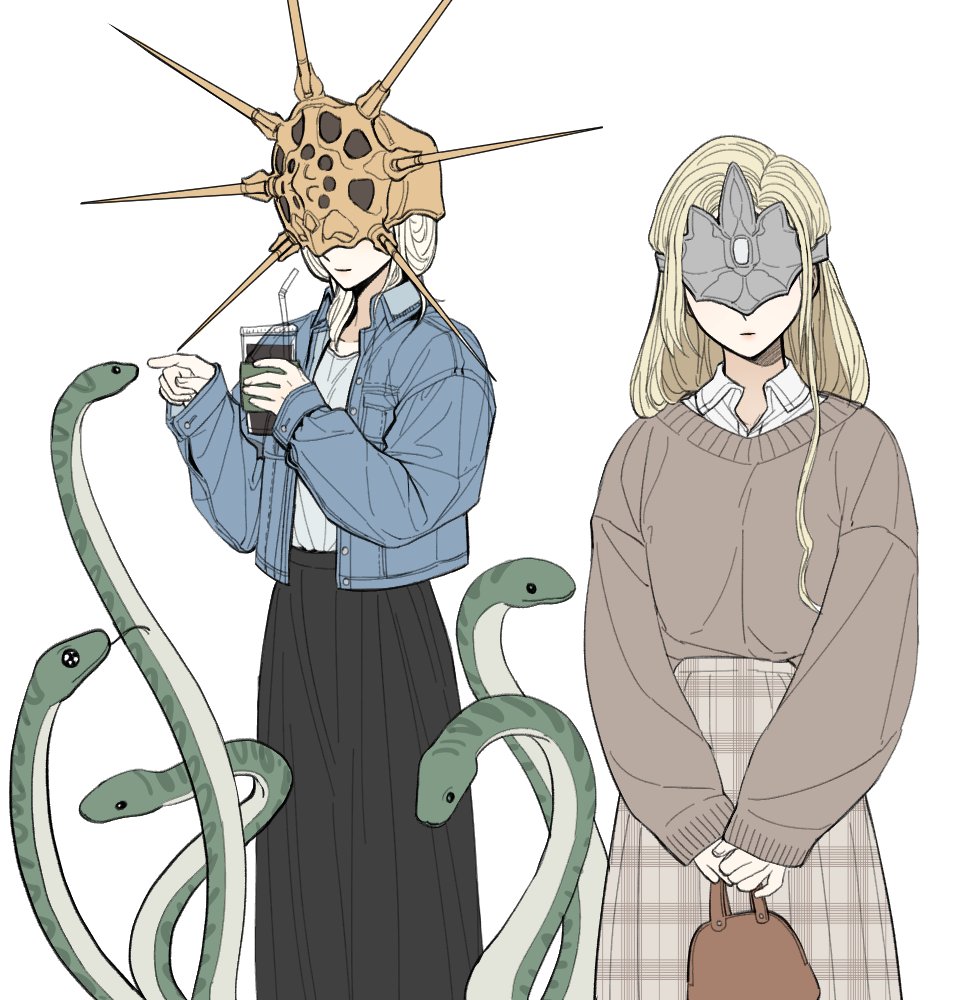 1boy 1girl animal bag black_skirt brown_bag brown_sweater closed_mouth collared_shirt dark_souls_(series) dark_souls_i dark_souls_iii dark_sun_gwyndolin denim denim_jacket dress_shirt eye_mask facing_viewer fire_keeper gold_helmet grey_skirt holding holding_bag jacket long_sleeves open_clothes open_jacket plaid_clothes plaid_skirt pleated_skirt shirt simple_background skirt sleeves_past_wrists snake spiked_helmet sweater sweater_tucked_in trap white_background white_shirt xxq_002