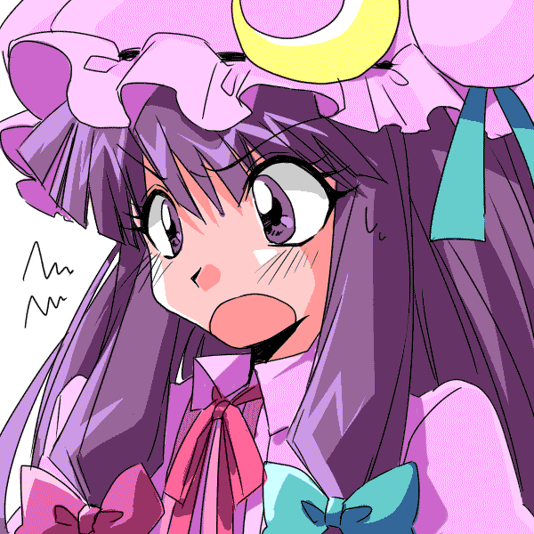 1990s_(style) 1girl 74_(teduka) :o araizumi_rui_(style) bow commentary_request female_focus hair_bow hat kotobuki_tsukasa_(style) long_hair low-tied_sidelocks parody patchouli_knowledge purple_eyes purple_hair retro_artstyle sidelocks solo style_parody touhou white_background