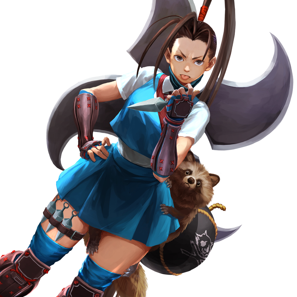 1girl antenna_hair bomb brown_eyes brown_hair commentary don_(street_fighter) explosive fuuma_shuriken high_ponytail holding holding_kunai holding_weapon ibuki_(street_fighter) karee kunai long_hair mask ninja ponytail raccoon school_uniform shuriken simple_background skirt street_fighter street_fighter_v tanuki tongue tongue_out weapon white_background