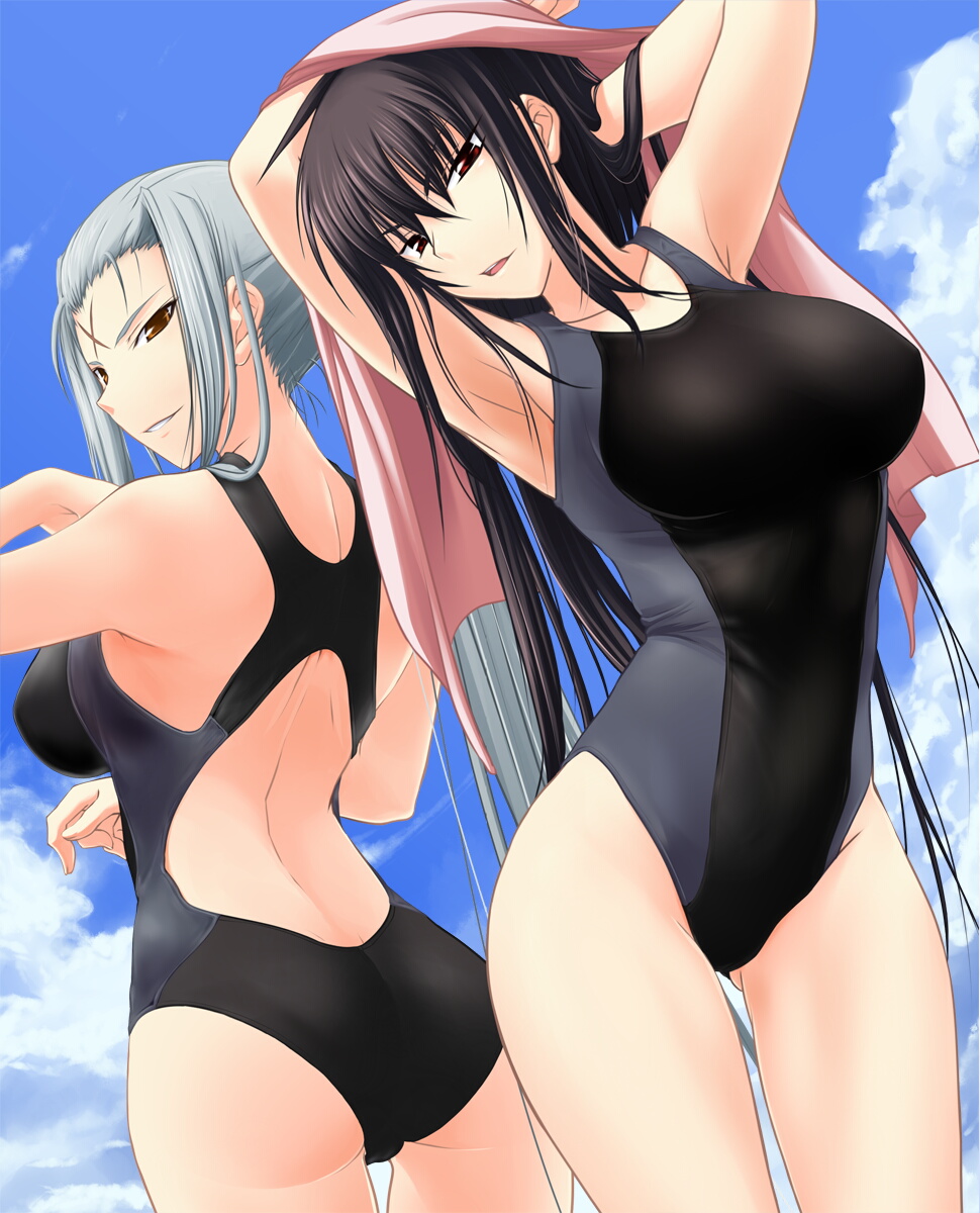 00s 2girls :d ahoge arched_back arm_behind_head armpits arms_up ass back back-to-back backless_outfit bare_back black_hair breasts brown_eyes cloud competition_swimsuit day facial_mark forehead_mark from_behind grin hair_between_eyes head_tilt highres kawagishi_keitarou kawakami_momoyo kimi_ga_aruji_de_shitsuji_ga_ore_de kuki_ageha large_breasts long_hair looking_at_viewer looking_back maji_de_watashi_ni_koi_shinasai! multiple_girls naughty_face official_art one-piece_swimsuit open_mouth orange_eyes outdoors ponytail red_eyes scar sidelocks silver_hair sky smile standing swimsuit thigh_gap thighs towel very_long_hair wagi