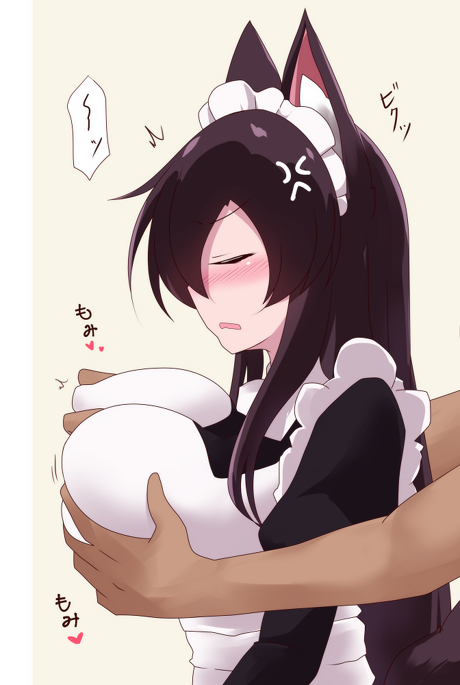 1boy 1girl alternate_costume anger_vein animal_ears apron black_dress blush breasts brown_hair closed_eyes commentary_request dress enmaided grabbing_another&#039;s_breast grabbing_from_behind groping hair_over_one_eye hetero imaizumi_kagerou large_breasts long_hair long_sleeves maid maid_headdress open_mouth profile simple_background sivamaron solo_focus tail touhou upper_body very_long_hair white_apron wolf_ears wolf_girl wolf_tail