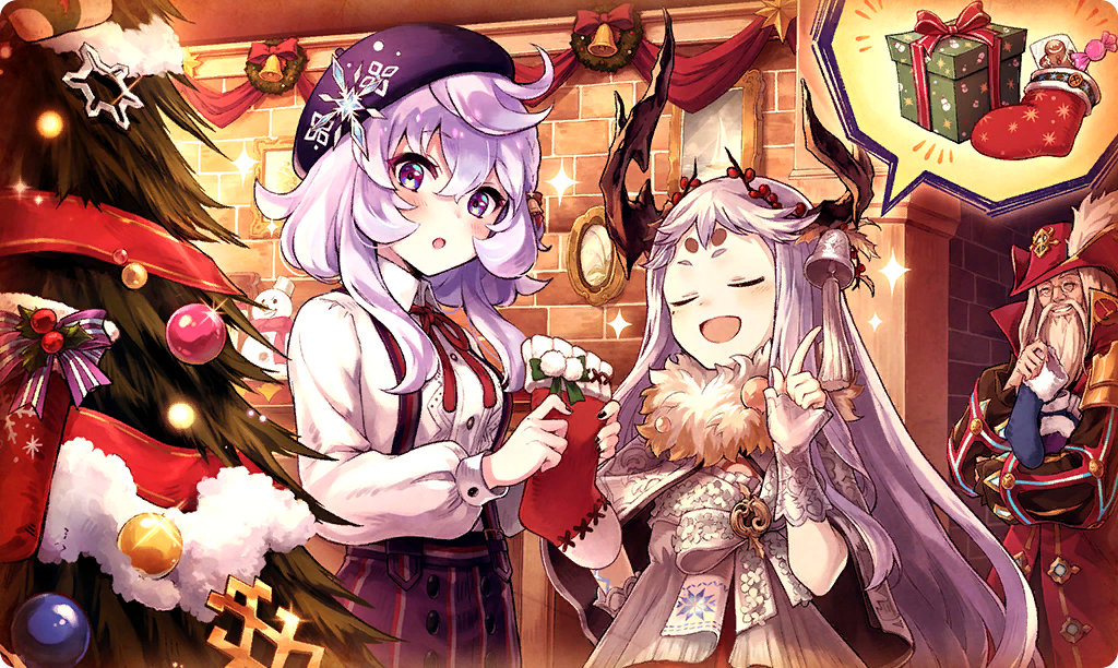 1boy 2girls :o ^_^ ahoge birgitta_(ta_ga_tame_no_alchemist) black_nails blouse blue_socks christmas_ornaments christmas_tree closed_eyes coat collared_shirt commentary cowboy_shot dress_shirt facial_hair glasses grey_facial_hair grey_hair hair_between_eyes hair_ornament hand_on_own_hip hand_up hat holding_sock indoors long_hair long_sleeves looking_at_another looking_at_viewer michael_(ta_ga_tame_no_alchemist) mirror mole mole_under_eye multiple_girls neck_ribbon official_alternate_costume official_art old old_man purple_eyes purple_hair ravina_(ta_ga_tame_no_alchemist) red_coat red_hat red_ribbon red_socks ribbon round_eyewear shirt smile snowflake_hair_ornament socks speech_bubble spoken_object standing ta_ga_tame_no_alchemist third-party_source unworn_socks white_shirt