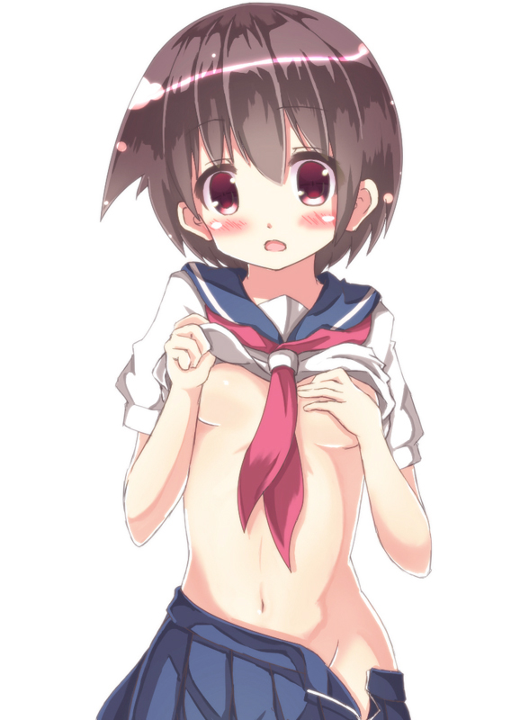 1girl blue_sailor_collar blue_skirt blush breasts breasts_apart brown_hair clothes_lift covering_breasts covering_privates groin hands_up kiyosumi_school_uniform lifting_own_clothes looking_at_viewer miyanaga_saki navel neckerchief no_bra open_clothes open_mouth open_skirt pleated_skirt red_eyes red_neckerchief sailor_collar saki_(manga) school_uniform serafuku shirt_lift short_hair short_sleeves simple_background skirt small_breasts solo standing stomach straight-on tom_q_(tomtoq) upper_body white_background white_serafuku