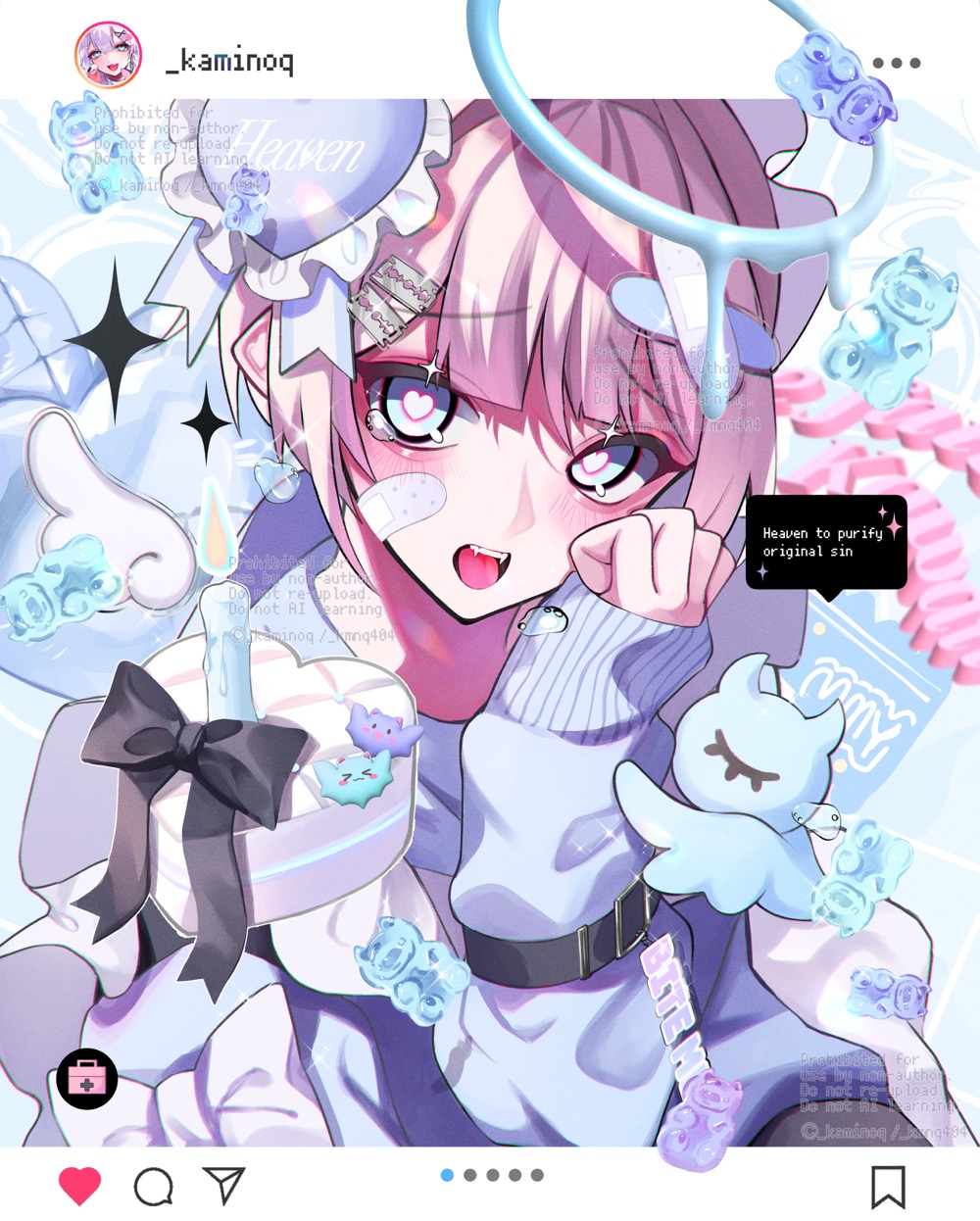 1boy :d angel bandage_on_face bandage_on_hair bandages black_bow blonde_hair blue_sweater blunt_bangs blush bow cake candle candy commentary_request fangs food frills gummy_bear hair_ornament hairclip heart heart-shaped_cake heart-shaped_food heart_hair_ornament highres instagram kaminoq male_focus open_mouth original sleeves_past_wrists smile solo sweater symbol-shaped_pupils tearing_up tenshi_kaiwai watermark