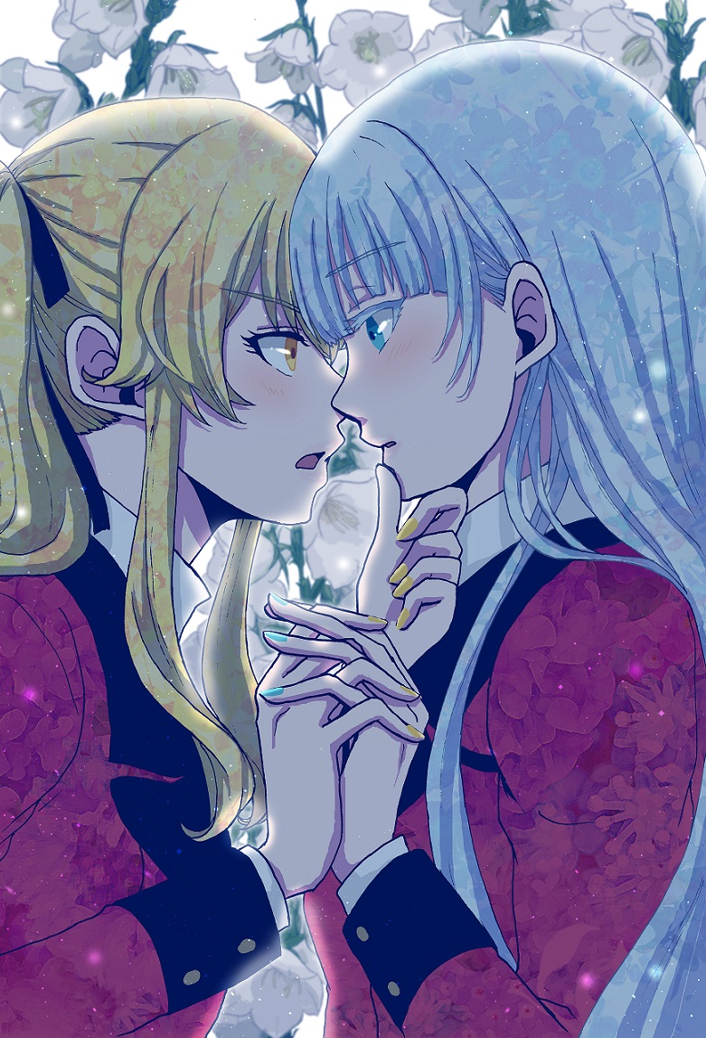 2girls blonde_hair blunt_bangs eye_contact flower from_side hand_on_another&#039;s_chin holding_hands interlocked_fingers kakegurui long_hair looking_at_another momobami_ririka multiple_girls saotome_mary tagme yellow_eyes yuri