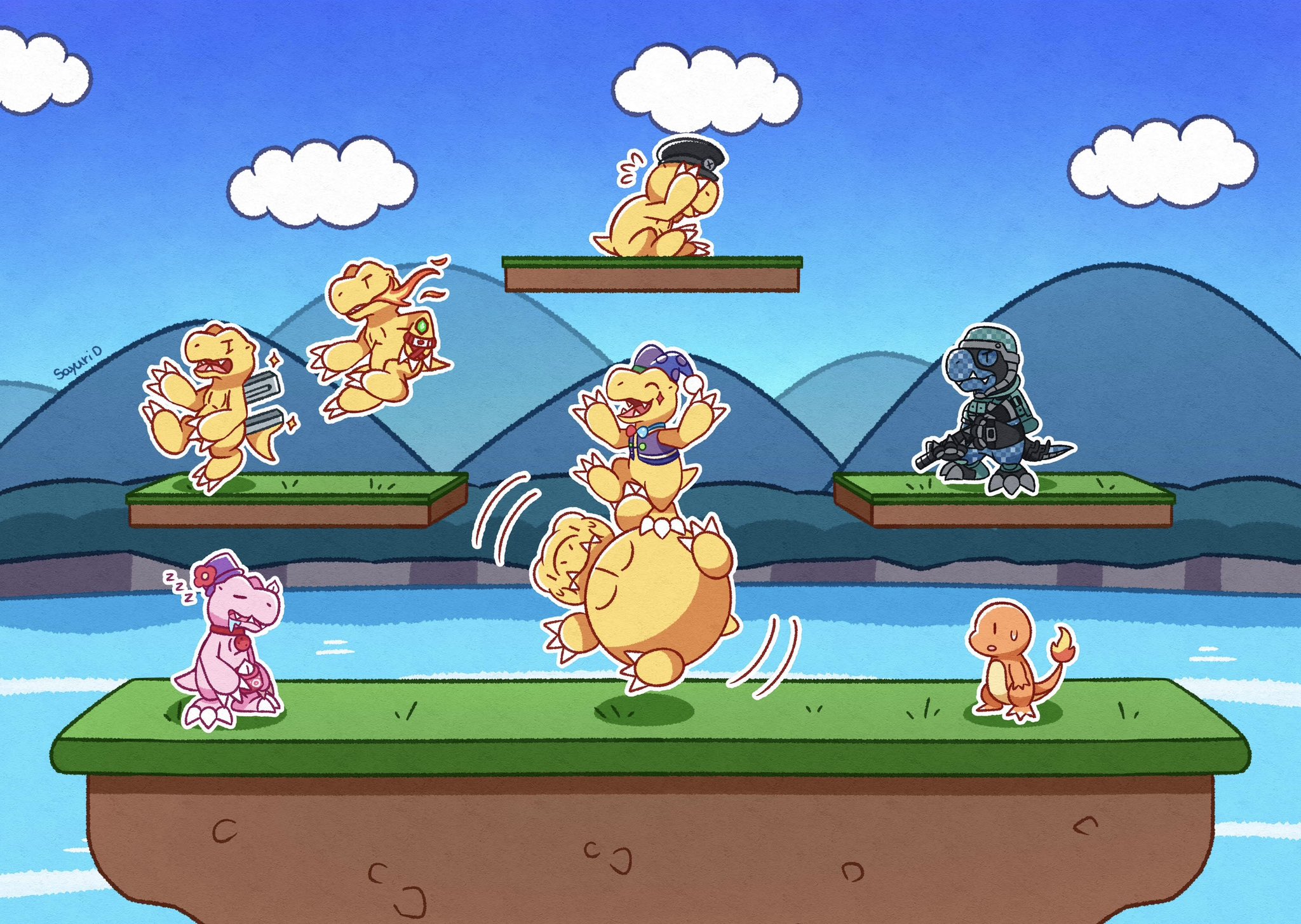 agumon agumon_(digimon_savers) charmander claws cloud commandramon digimon digimon_(creature) digimon_next digimon_story:_cyber_sleuth fire flower gen_1_pokemon happy hat highres mario_(series) mountain nintendo open_mouth parody pokemon sayuri_d_(liliana86973943) sky smile super_mario_bros._1 tail