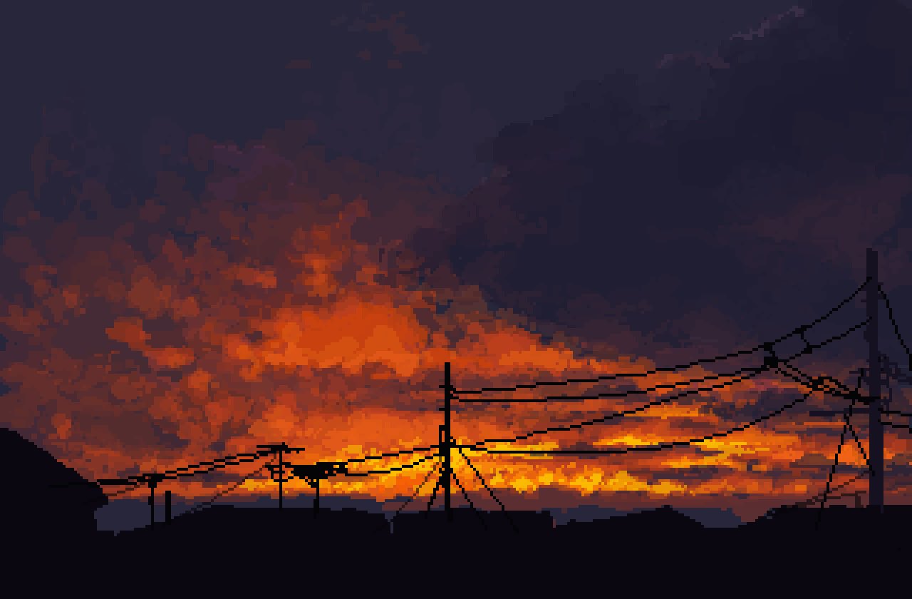 glowing hisachan55cute mountainous_horizon no_humans orange_clouds original outdoors pixel_art power_lines scenery silhouette sunset town utility_pole