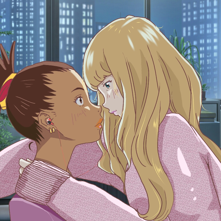 2girls ash_starmy blonde_hair blush carole_&amp;_tuesday carole_stanley dark-skinned_female dark_skin ear_piercing earbuds earphones long_hair looking_at_another multiple_girls piercing pink_sweater shared_earphones sweater tuesday_simmons yuri