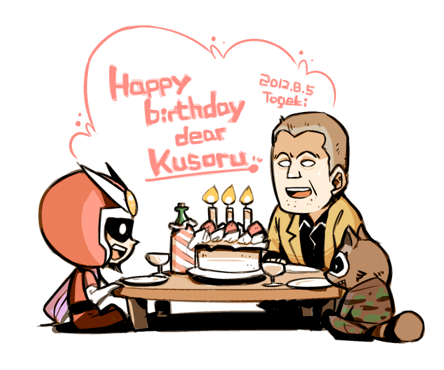 00s 2boys alternate_color birthday cake capcom dead_rising english_text food frank_west hounori marvel marvel_vs._capcom marvel_vs._capcom_3 multiple_boys rocket_raccoon table viewtiful_joe viewtiful_joe_(character)
