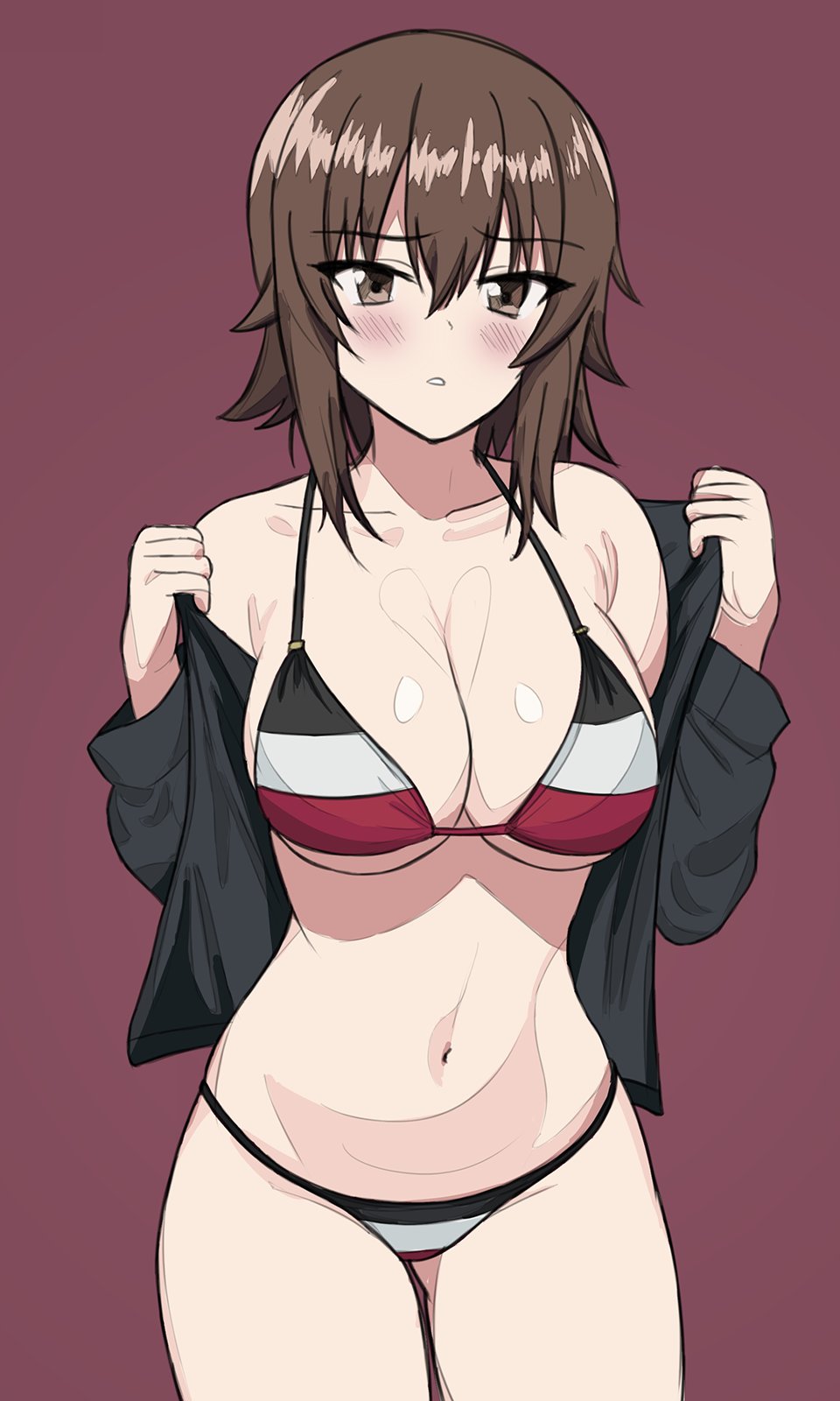 1girl bikini bikini_under_clothes breasts brown_eyes brown_hair cleavage clothes_lift flag_print german_flag_bikini girls_und_panzer highres kotorigaka large_breasts looking_at_viewer medium_hair nishizumi_maho off_shoulder red_background shirt_lift solo striped_bikini striped_clothes swimsuit