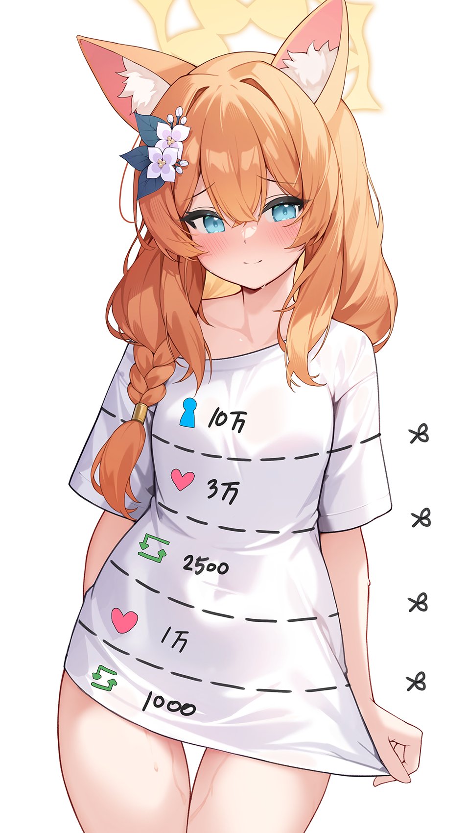 1girl animal_ear_fluff animal_ears blue_archive blue_eyes blush cat_ears closed_mouth cut-here_line dotted_line flower hair_between_eyes hair_flower hair_ornament hairband halo heart highres like_and_retweet long_hair looking_at_viewer mari_(blue_archive) naked_shirt orange_hair pinki_o64 pussy_juice shirt shirt_tug simple_background smile solo standing twitter_cutting_game white_background white_flower white_hairband white_shirt yellow_halo