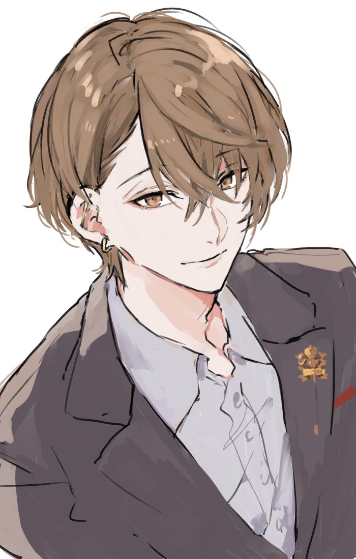 1boy black_jacket brown_eyes brown_hair closed_mouth collared_shirt earrings formal_clothes grey_shirt hair_between_eyes jacket jewelry kagami_hayato looking_at_viewer male_focus nakayama_miyuki nijisanji shirt short_hair simple_background single_earring sketch smile solo suit upper_body virtual_youtuber white_background white_shirt