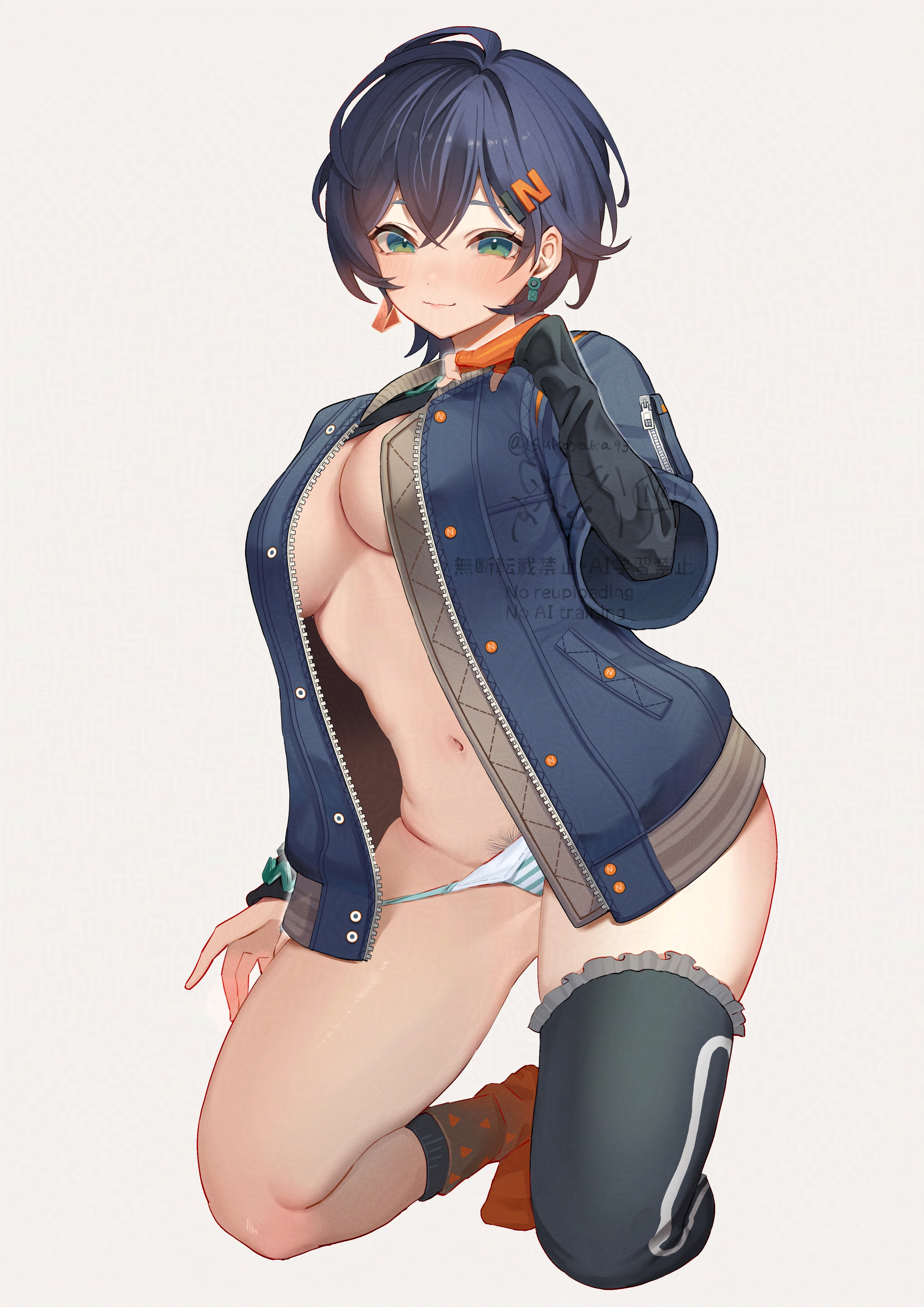 1girl absurdres artist_name belle_(zenless_zone_zero) blue_hair blush breasts closed_mouth commentary_request crossed_bangs curvy earrings female_pubic_hair full_body green_eyes grey_background hair_between_eyes hair_ornament hairclip has_bad_revision has_downscaled_revision highres jacket jewelry large_breasts looking_at_viewer md5_mismatch navel no_bra open_clothes open_jacket pubic_hair resolution_mismatch short_hair sidelocks simple_background smile solo source_smaller sukoyaka93 thighs watermark zenless_zone_zero