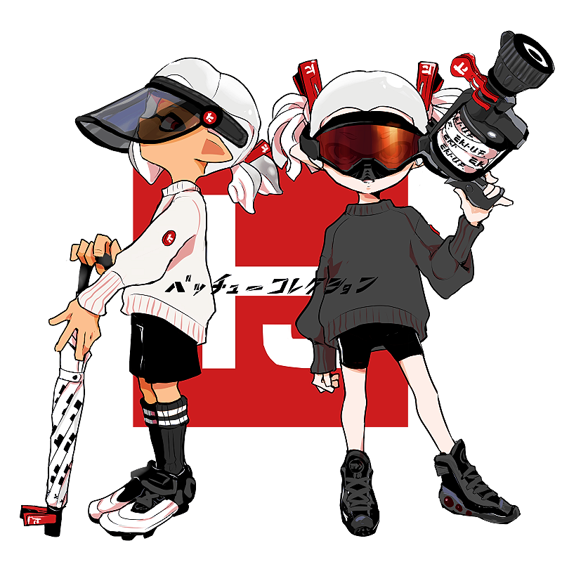 1boy 1girl black_hat black_shoes black_shorts black_socks black_sweater closed_mouth closed_umbrella commentary_request full_body goggles gradient_hair grey_hair hat high_tops holding holding_umbrella holding_weapon imaikuy0 inkling_boy inkling_girl inkling_player_character l-3_nozzlenose_(splatoon) long_sleeves looking_at_viewer multicolored_hair nintendo pointy_ears ponytail red_eyes shoes short_hair short_twintails shorts sideways_glance sneakers socks splatoon_(series) splatoon_2 standing sweater tentacle_hair toni_kensa_(splatoon) transparent_background twintails umbrella undercover_brella_(splatoon) visor_cap weapon white_hair white_sweater