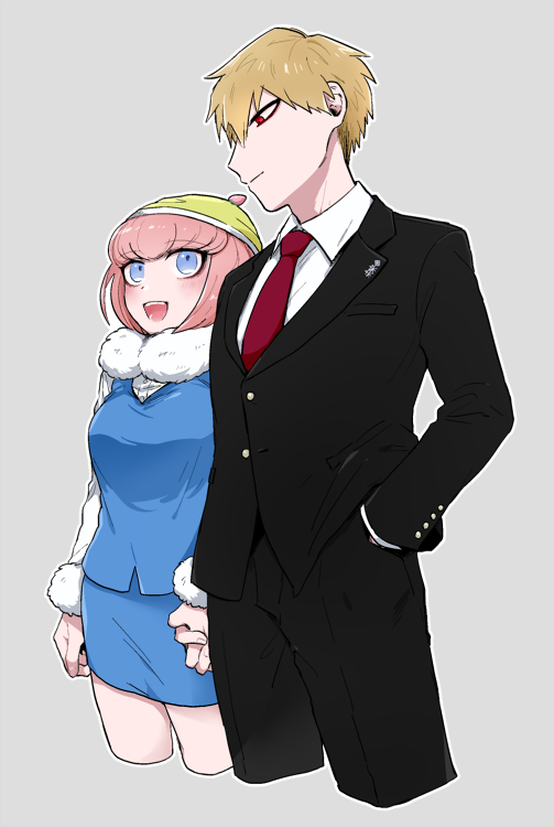1boy 1girl :d alternate_costume ando_ruruka black_jacket black_pants blonde_hair blue_shirt blue_skirt blush breasts buttons collared_shirt couple cropped_legs danganronpa_(series) danganronpa_3_(anime) dress_shirt fur_collar grey_background hand_in_pocket happy hat hetero holding_hands izayoi_sounosuke jacket large_breasts looking_at_another necktie open_mouth outline pants pink_hair red_eyes red_necktie shimada_(dmisx) shirt short_hair simple_background skirt smile teeth upper_teeth_only white_outline white_shirt