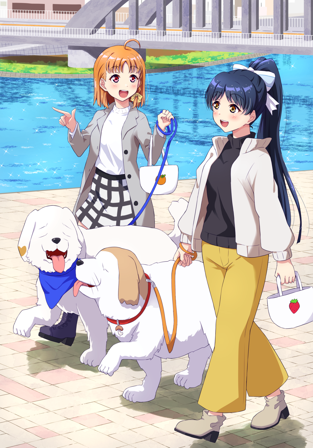 2girls 2others black_hair hazuki_ren highres long_sleeves love_live! love_live!_sunshine!! love_live!_superstar!! medium_hair multiple_girls multiple_others open_mouth orange_hair qy73 shiitake_(love_live!) smile takami_chika yellow_eyes