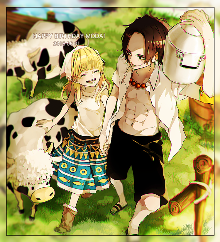 1boy 1girl ^_^ abs achpyu animal black_hair black_shorts blonde_hair blunt_bangs boots character_name closed_eyes closed_mouth commentary_request cow dated elbow_pads freckles grass hand_grab happy_birthday holding jewelry long_hair moda necklace one_piece pearl_necklace portgas_d._ace sandals short_hair shorts single_elbow_pad skirt smile tank_top white_tank_top