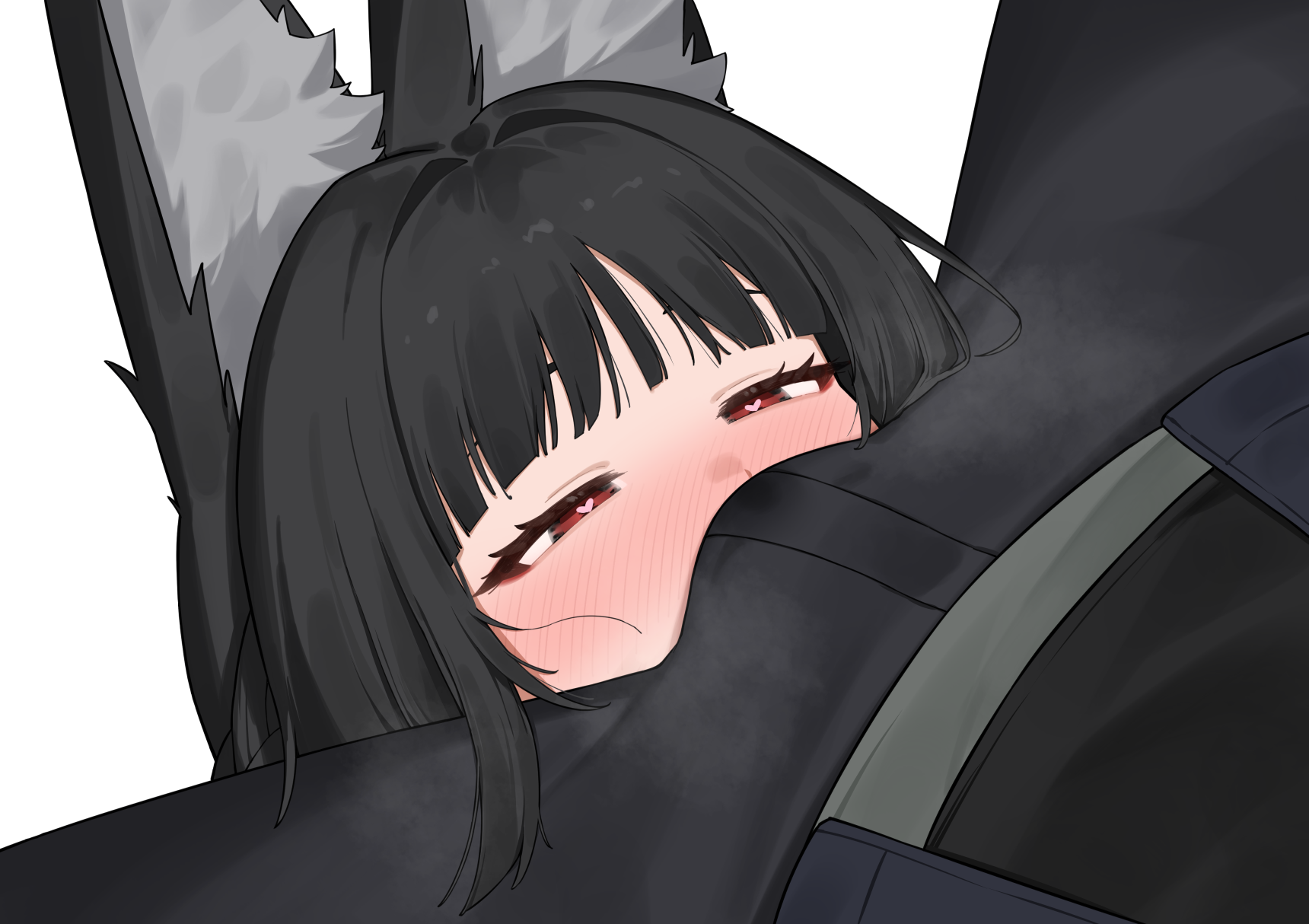 1boy 1girl animal_ear_fluff animal_ears black_hair black_pants blunt_bangs blush bulge commentary_request face_in_crotch flasso fox_ears fox_girl half-closed_eyes heart heart-shaped_pupils hetero highres hoshimi_miyabi long_hair nose_blush pants red_eyes simple_background sitting sitting_on_face sitting_on_person symbol-shaped_pupils upper_body white_background wise_(zenless_zone_zero) zenless_zone_zero