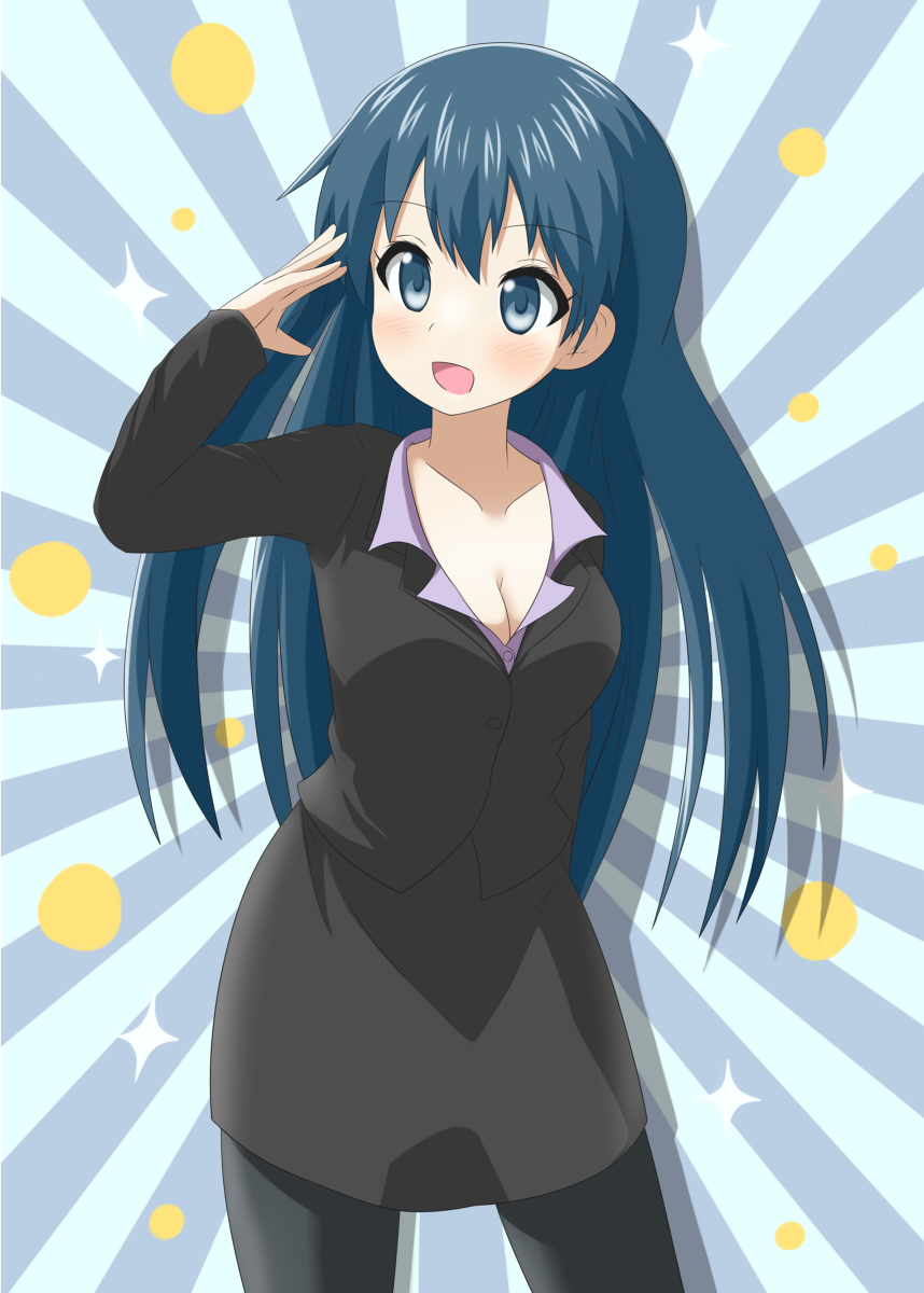 1girl alternate_breast_size black_pantyhose blue_eyes blue_hair breasts collarbone dot_nose female_focus hair_down highres kin-iro_mosaic komichi_aya large_breasts long_hair long_sleeves nanog_eb1994 open_mouth pantyhose solo standing