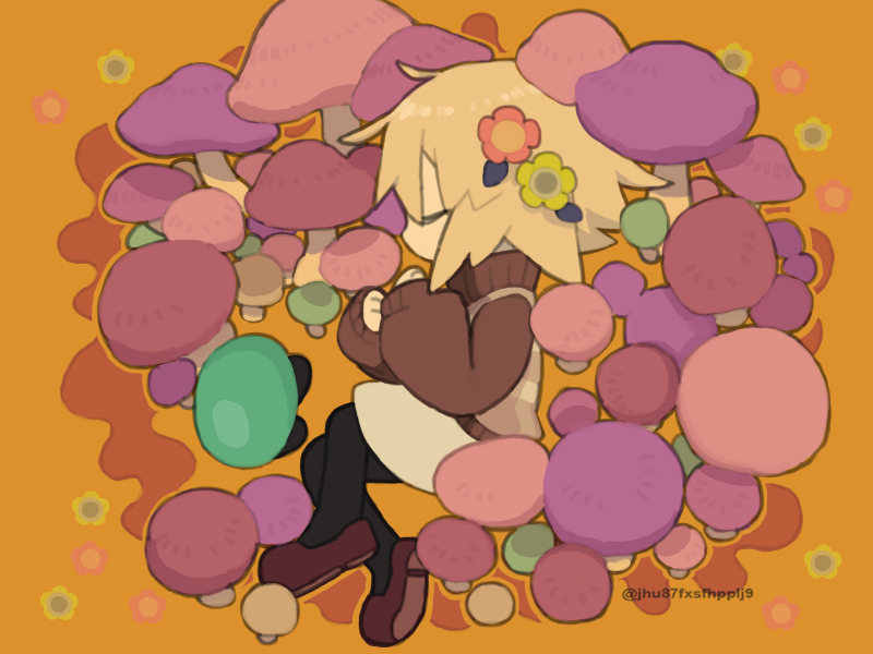 1girl bilingual_commentary black_pantyhose blonde_hair bra brown_bra brown_shoes chibi chibi_only closed_eyes closed_mouth commentary flipped_hair flower from_above full_body grey_skirt hair_flower hair_ornament hands_up long_sleeves lying medium_hair mixed-language_commentary mushroom no_mouth on_side pantyhose profile puffy_long_sleeves puffy_sleeves regurusu_(nagarevosi) shoes skirt solo twitter_username underwear urotsuki watermark yume_2kki