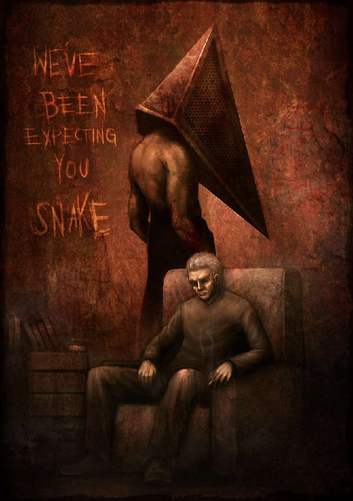 1boy bad_id bad_pixiv_id cigarette company_connection crossover metal_gear_(series) metal_gear_solid metal_gear_solid_4:_guns_of_the_patriots monster nightmarejan old_snake pyramid_head silent_hill silent_hill_(series) smoking solid_snake