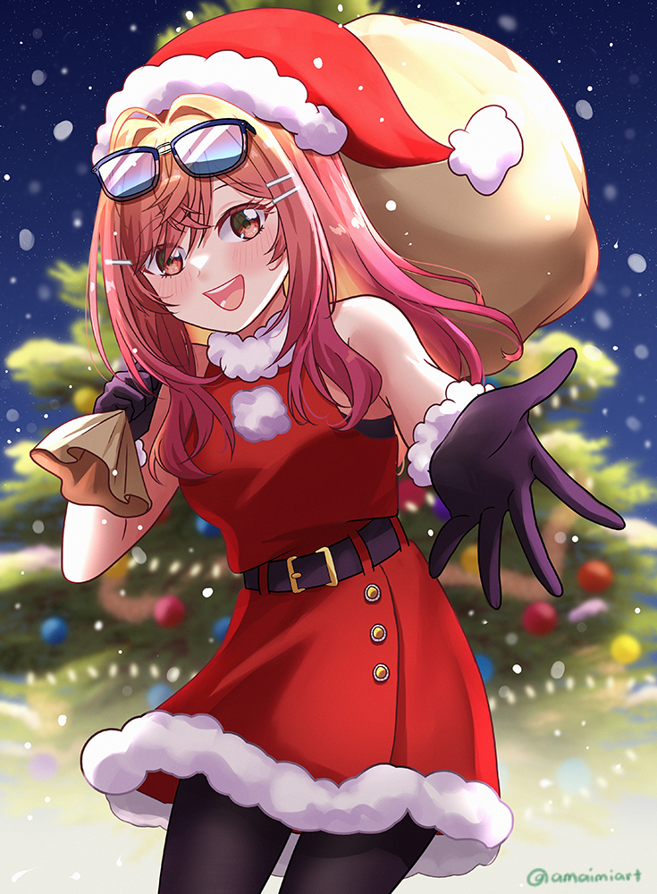 1girl ahoge amaimi belt black-framed_eyewear black_belt black_gloves black_pantyhose blush christmas_tree christmas_tree_hair_ornament colored_inner_hair dress eyewear_on_head fur-trimmed_dress fur-trimmed_gloves fur-trimmed_headwear fur_trim gloves hair_ornament hairpin hat holding holding_sack hololive hololive_dev_is ichijou_ririka long_hair looking_at_viewer multicolored_hair open_mouth orange_eyes orange_hair outstretched_hand pantyhose red_dress red_hat sack santa_costume santa_dress santa_hat sleeveless sleeveless_dress smile snowing solo sunglasses virtual_youtuber