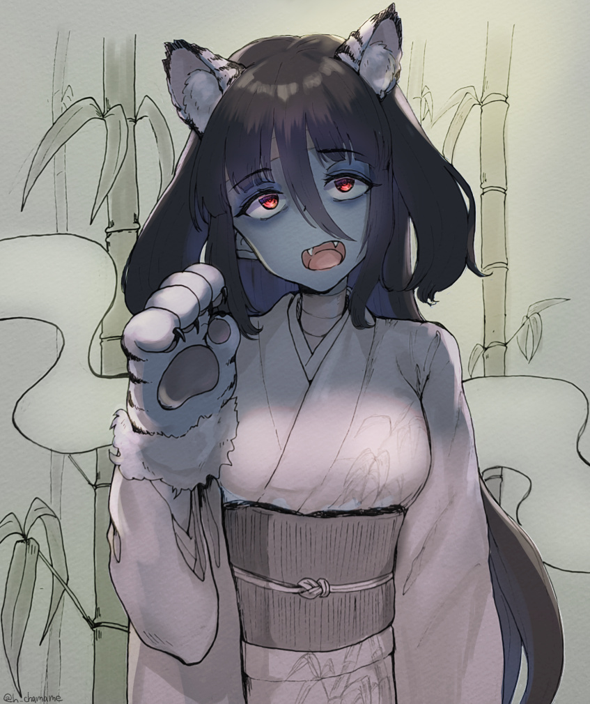 1girl animal_ear_fluff animal_ears animal_hands bamboo black_hair chamame commentary_request fangs fur-trimmed_sleeves fur_trim hair_between_eyes hand_up japanese_clothes kimono long_hair looking_at_viewer obi open_mouth partial_commentary red_eyes sash sidelocks solo standing tiger_ears tiger_paws tongue twitter_username upper_body yamada_tae zombie_land_saga