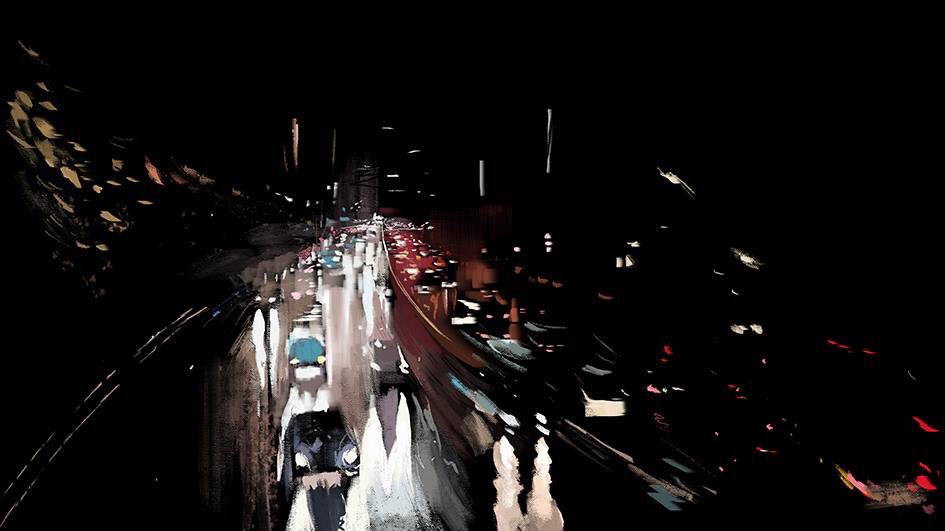 car dark headlight_beam highway lamppost motor_vehicle no_humans original plant power_lines reflective_floor road road_sign scenery shadow sign slow_d street utility_pole