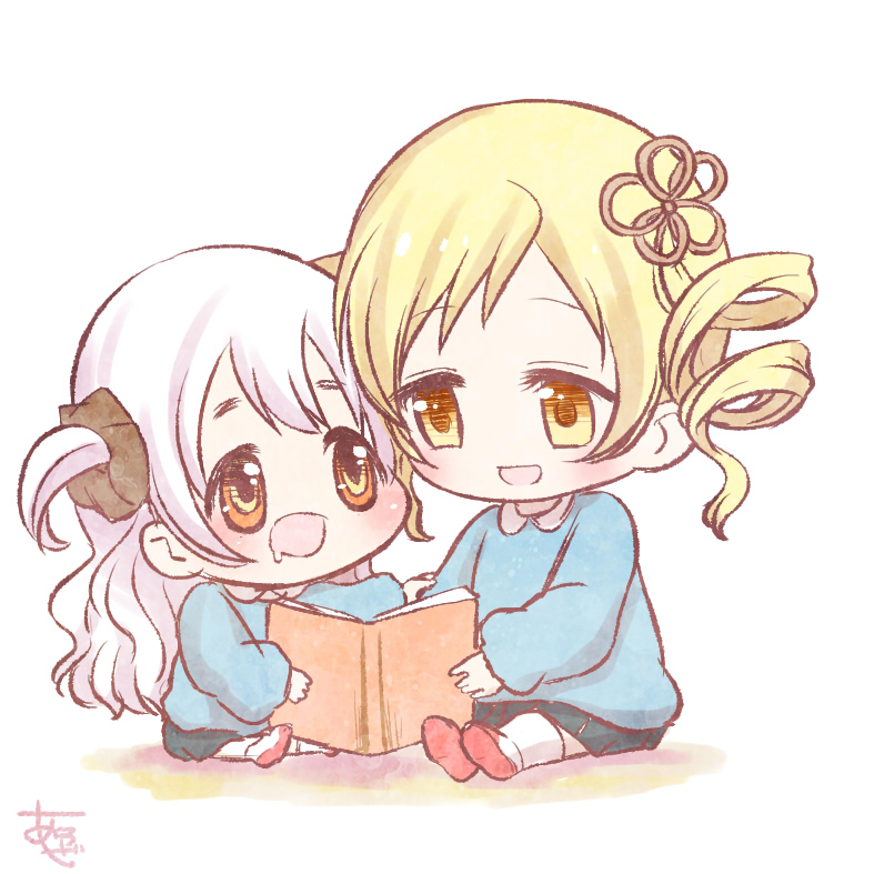 2girls aged_down alternate_costume aroze black_scrunchie black_skirt blonde_hair blue_sweater book chibi child collared_shirt commentary_request drill_hair drooling eyelashes flower_hairpin hair_ornament hair_scrunchie hand_on_another&#039;s_arm happy height_difference holding holding_book light_blush long_hair long_sleeves looking_at_another mahou_shoujo_madoka_magica mahou_shoujo_madoka_magica:_hangyaku_no_monogatari miniskirt momoe_nagisa multiple_girls open_book open_mouth orange_eyes pleated_skirt puffy_long_sleeves puffy_sleeves reading red_footwear ringed_eyes school_uniform scrunchie shadow sharing shirt shoes short_hair signature simple_background sitting skirt smile sneakers sweater tareme thighhighs tomoe_mami tsurime twin_drills two-tone_footwear two_side_up very_long_hair wavy_hair white_background white_footwear white_hair white_shirt white_thighhighs yellow_eyes