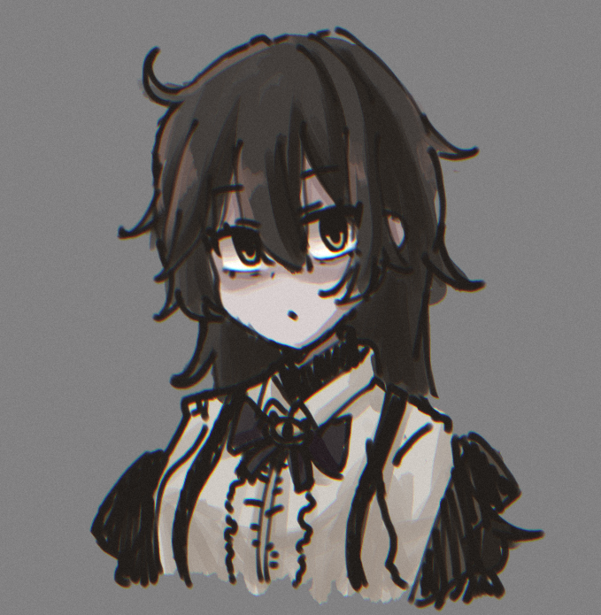1girl :o black_bow black_bowtie black_hair bow bowtie breasts commentary english_commentary eye_in_bowtie frills grey_background grimmi_(vtuber) indie_virtual_youtuber jacket jacket_partially_removed long_hair looking_at_viewer messy_hair pale_skin pastel_colors rentikoy shirt sketch small_breasts solo suspenders upper_body very_long_hair virtual_youtuber white_shirt yellow_eyes