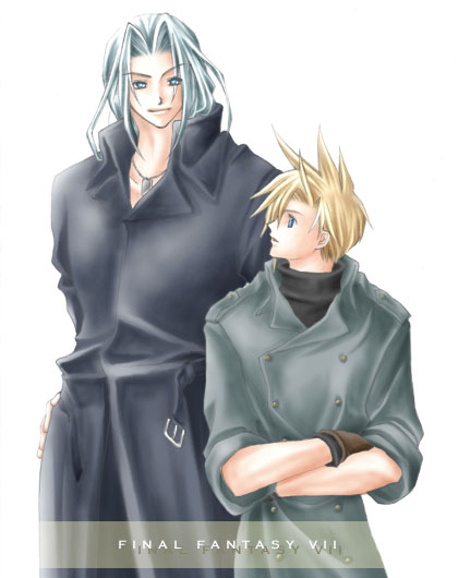 2boys alternate_costume black_coat blonde_hair blue_eyes brown_gloves cloud_strife coat copyright_name crossed_arms dog_tags final_fantasy final_fantasy_vii gloves grey_hair hair_intakes hand_on_own_hip height_difference high_collar long_hair looking_at_another male_focus multiple_boys parted_bangs parted_lips rendezvous sephiroth short_hair simple_background smile spiked_hair third-party_source turtleneck upper_body white_background