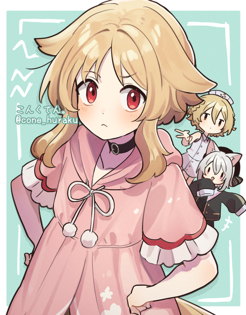 3girls :&lt; animal_ears annoyed artist_name belt_collar beret black_choker blonde_hair blush border braid cat_ears cat_girl chibi chibi_inset choker closed_mouth collar commentary_request corn_kuten dot_mouth drawstring dress frown green_background grey_dress grey_hair gyaru_v hair_flaps hand_to_own_mouth hands_on_own_hips hat hood hood_down hoodie looking_at_viewer multiple_girls nurse nurse_cap nurse_robot_type_t open_mouth ouka_miko outside_border outstretched_arm pink_hoodie pom_pom_(clothes) raised_eyebrow sayo_(voicevox) short_hair short_hair_with_long_locks short_sleeves shout_lines side_braids simple_background sleeveless sleeveless_dress sleeves_past_fingers sleeves_past_wrists solid_oval_eyes solo_focus tail tied_drawstring twitter_username utau v voicevox white_border