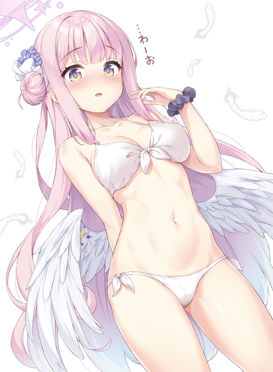 alternate_breast_size angel_wings bare_arms bare_legs bikini blue_archive blush flower hair_bun hair_flower hair_ornament hair_scrunchie highres lace_bikini long_hair looking_at_viewer midriff mika_(blue_archive) navel pink_hair scrunchie single_side_bun stomach swimsuit very_long_hair white_bikini white_wings wings wrist_scrunchie yamasan yellow_eyes