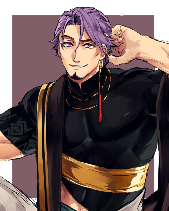 01rosso asymmetrical_bangs black_shirt cropped_shirt duryodhana_(fate) earrings facial_hair fate/grand_order fate_(series) goatee indian_clothes jewelry looking_at_viewer male_focus muscular muscular_male necklace pectorals purple_eyes purple_hair sash shirt short_hair short_sleeves shoulder_sash simple_background single_earring smile upper_body