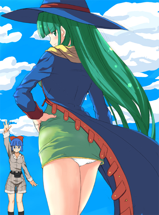 2girls alice_soft blue_coat blue_hair blue_hat blunt_bangs bow cloud coat cowboy_shot date_(senpen) dress green_dress green_hair hair_bow hand_on_own_hip hat long_hair looking_at_viewer looking_back m&amp;m_(mickey_and_mackey) maria_custard masou_shizuka microdress miniskirt multiple_girls outdoors panties pantyshot pencil_skirt rance_(series) rance_vi red_bow revealing_clothes sengoku_rance skirt sky underwear very_long_hair waving white_panties witch witch_hat