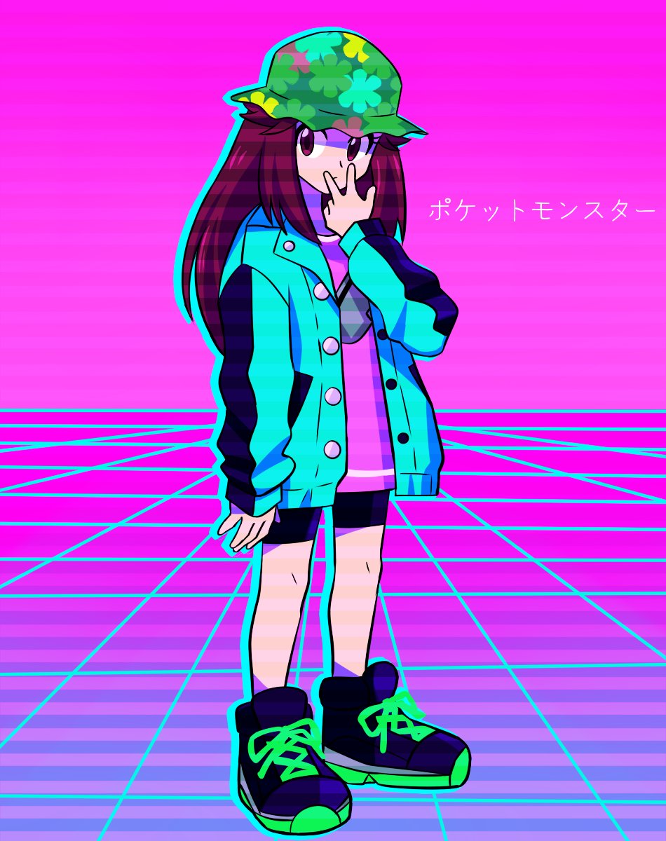 1girl bike_shorts brown_hair bucket_hat cross-laced_shoes full_body green_hat green_jacket hat highres jacket leaf_(pokemon) leaf_(sygna_suit)_(pokemon) nintendo official_alternate_costume pink_background pink_shirt pokemon pokemon_masters_ex shirt shoes solo stardust_epic vaporwave