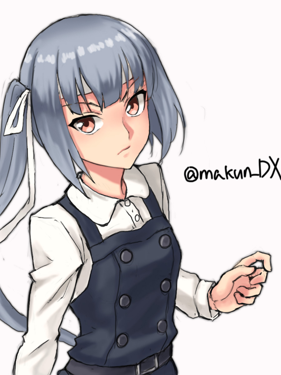 1girl brown_eyes collared_shirt dress dress_shirt grey_hair hair_ribbon headband highres kantai_collection kasumi_(kancolle) kasumi_kai_ni_(kancolle) long_hair long_sleeves looking_at_viewer maakun_(makun_dx) one-hour_drawing_challenge pinafore_dress ribbon shirt side_ponytail simple_background sleeveless sleeveless_dress solo twitter_username upper_body white_background white_headband white_ribbon white_shirt
