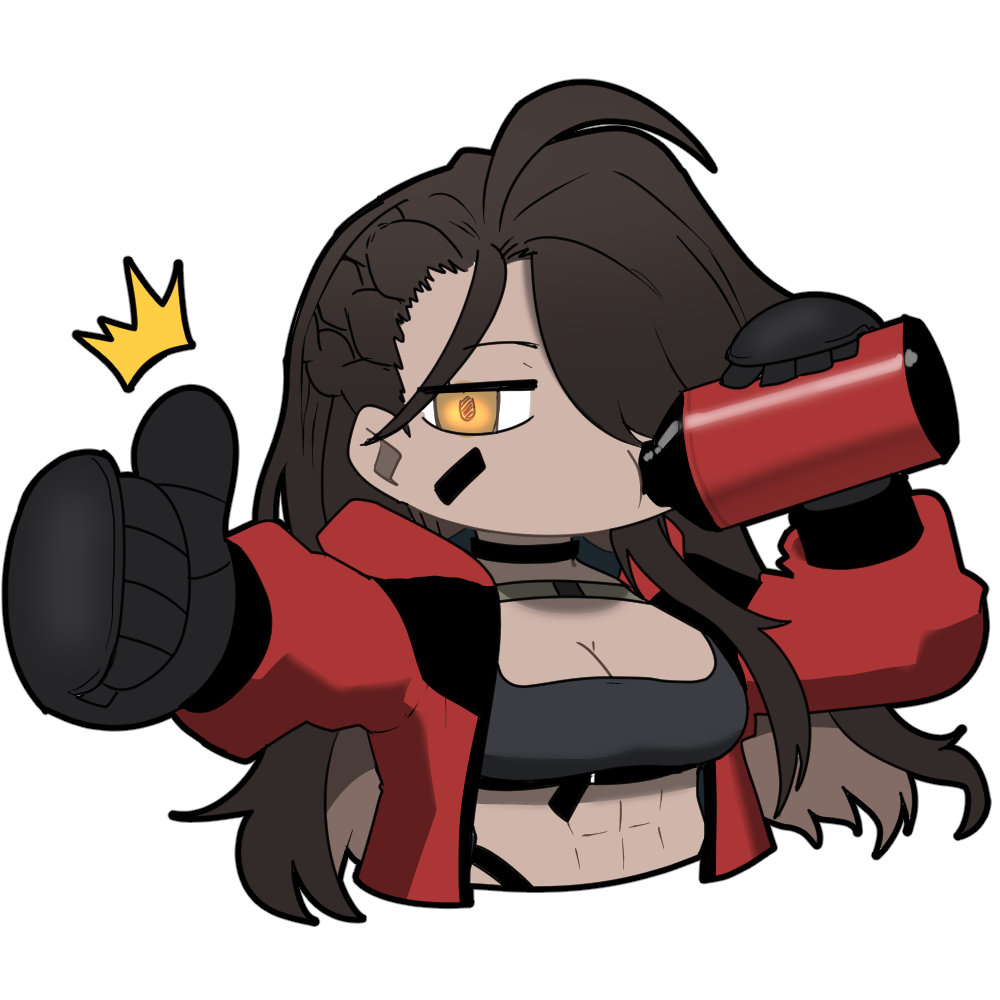 1girl abs artist_request black_sports_bra bottle boxing_gloves brown_hair chibi chibi_only chinese_commentary dark-skinned_female dark_skin drinking girls&#039;_frontline girls&#039;_frontline_neural_cloud hair_over_one_eye jacket long_hair magnhilda_(neural_cloud) muscular muscular_female official_art punching red_jacket second-party_source solo sports_bra thumbs_up water_bottle yellow_eyes