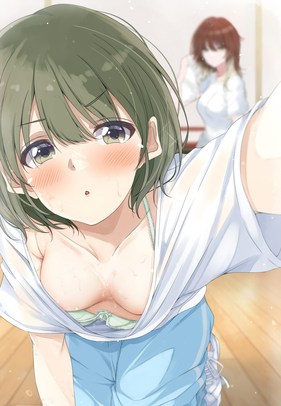 2girls areola_slip blurry blurry_background blush bra breasts brown_hair character_request cleavage downblouse green_bra highres hitotsuki_nanoka idolmaster idolmaster_shiny_colors leaning_forward multiple_girls nanakusa_nichika selfie solo_focus sweat underwear wet