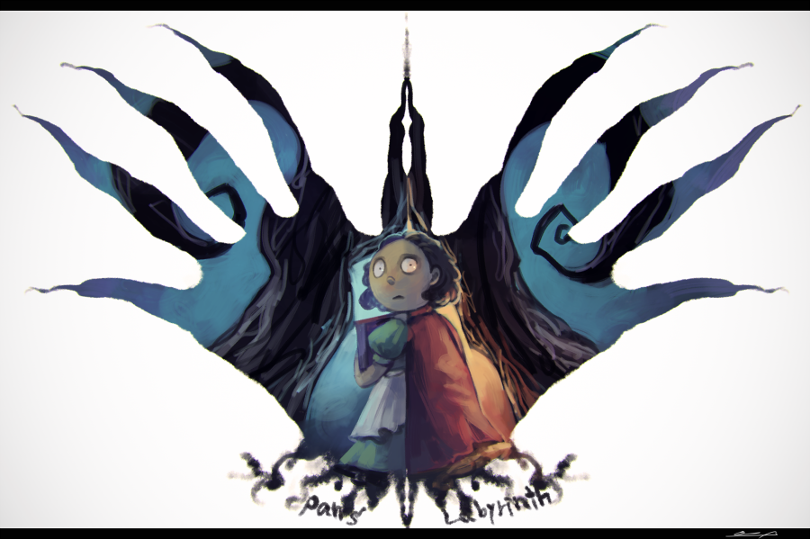 1girl apron black_hair book cape copyright_name dress green_dress holding holding_book koto_inari ofelia open_mouth pan&#039;s_labyrinth parted_lips red_cape short_hair simple_background solo tree white_apron white_background