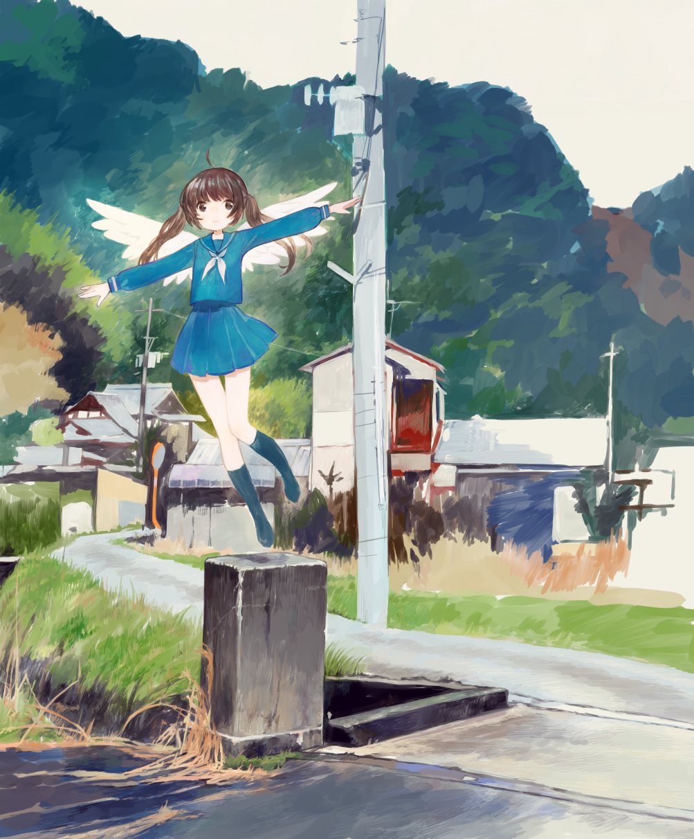 1girl ahoge blue_sailor_collar blue_serafuku blue_skirt brown_eyes brown_hair building closed_mouth commentary_request day floating grass highres karamomo kneehighs long_sleeves looking_at_viewer neckerchief original outdoors outstretched_arms pleated_skirt sailor_collar school_uniform serafuku skirt socks solo twintails utility_pole wings