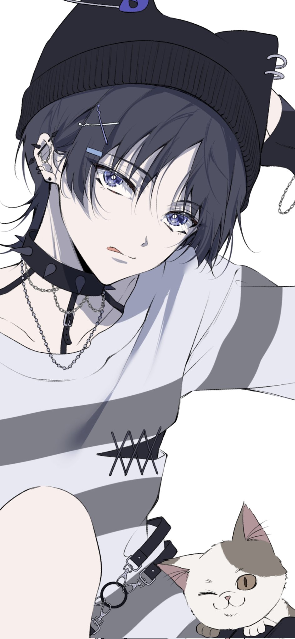 1boy 5656hayururi :d alternate_costume beanie belt black_belt black_collar black_hair black_hat blunt_ends bright_pupils casual cat collar contemporary cross-laced_clothes cross-laced_top ear_piercing earrings genshin_impact harness hat highres jewelry looking_at_viewer male_focus o-ring o-ring_harness open_mouth pale_skin piercing purple_eyes scaramouche_(genshin_impact) shirt smile solo spiked_collar spikes striped_clothes striped_shirt tongue tongue_out tsurime unfinished white_background white_pupils wispy_bangs