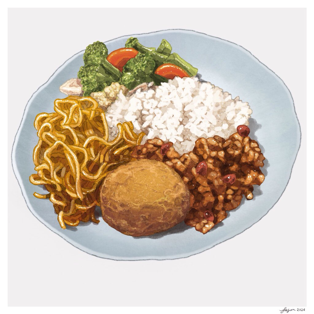 broccoli carrot_slice fajar_kurniawan food food_focus no_humans noodles original plate rice simple_background still_life white_background