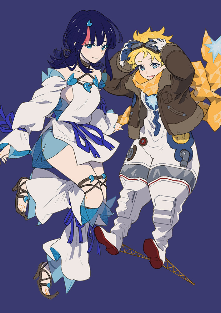 1boy 1girl bare_shoulders black_hair blonde_hair blue_eyes blue_ribbon bomber_jacket breasts brown_jacket collarbone detached_leggings dress fate/grand_order fate/requiem fate_(series) full_body fundoshi goggles goggles_on_head hair_ornament high_heels isshoku_(shiki) jacket japanese_clothes jewelry large_breasts long_sleeves looking_at_viewer magatama magatama_hair_ornament magatama_necklace medium_hair multicolored_hair necklace open_clothes open_jacket open_mouth pelvic_curtain pink_hair puffy_long_sleeves puffy_sleeves ribbon sandals scarf seigaiha short_dress sideboob sideless_outfit sidelocks smile spacesuit streaked_hair utsumi_erice utsumi_erice_(lancer) voyager_(fate) voyager_(third_ascension)_(fate) white_dress white_legwear yellow_scarf