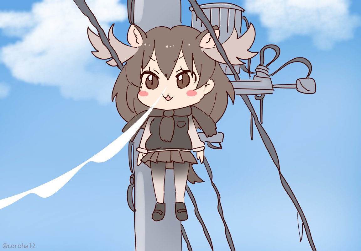 1girl animal_ears blue_eyes brown_eyes brown_hair coroha full_body horns kemono_friends long_hair looking_at_viewer moose_(kemono_friends) moose_ears moose_girl moose_tail outdoors pantyhose parody scarf shikanoko_nokonoko_koshitantan shoes skirt solo sweater tail utility_pole